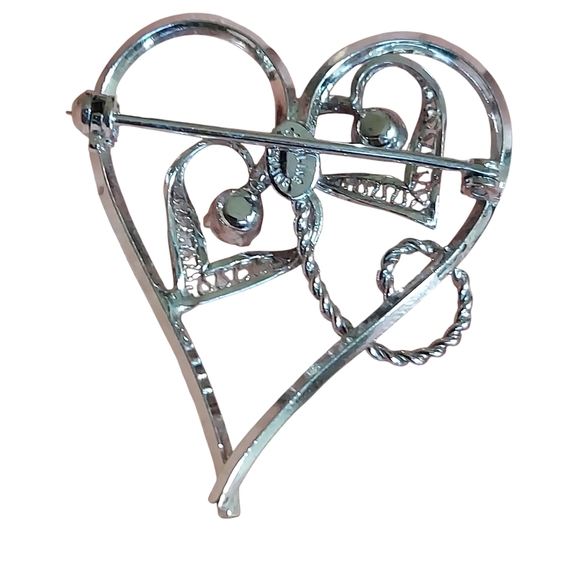 Vintage Sterling Silver Aurora Borealis Filigree Heart Brooch Pin - Picture 2 of 12